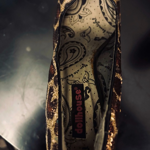 Dollhouse Metallic Gold Sequined Leopard Print Platform Stiletto High Heels 7.5 - Picture 7 of 8